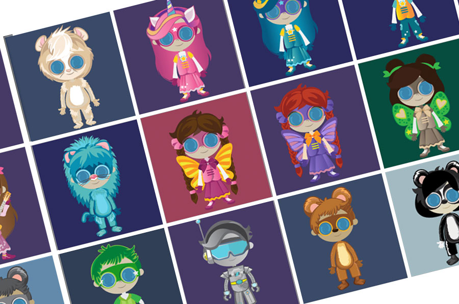 Cuadrícula de personajes avatar de animales y fantasía de Zoombers con goggles azules