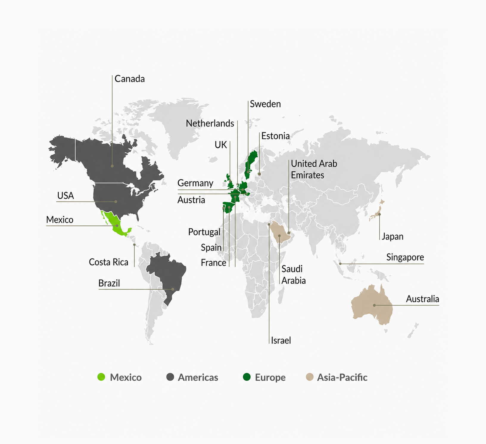 Mapa mundial que resalta los países de la red de MEXpreneurs por región: México, América, Europa y Asia-Pacífico