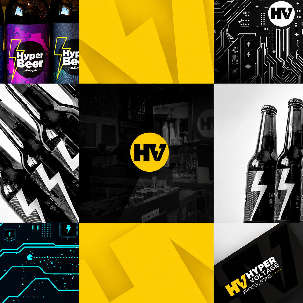 Cuadrícula de piezas de la marca Hyper Voltage: botellas de Hyper Beer, patrones de rayos amarillos, patrones de circuitos y el logo