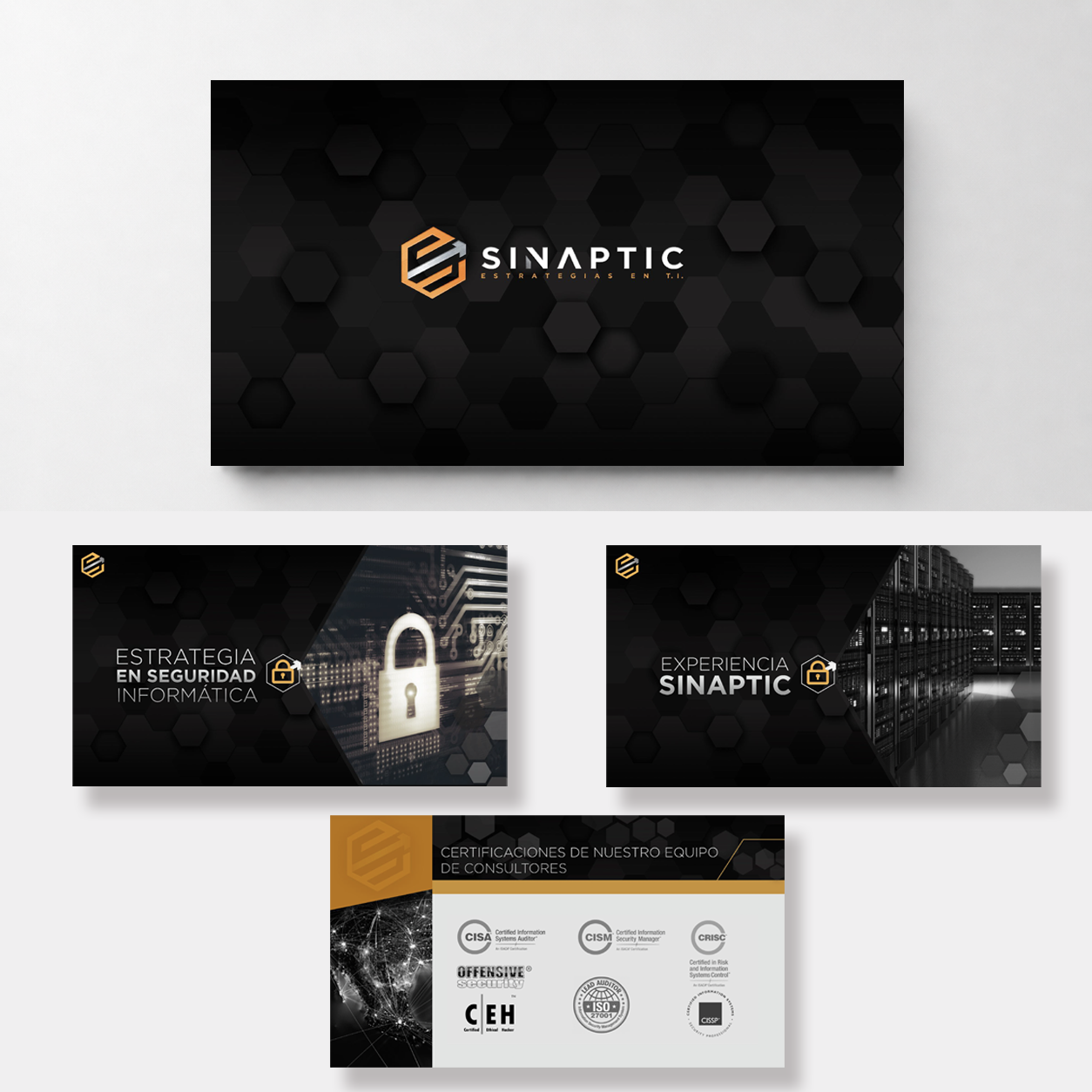 Diapositivas de la presentación keynote de SINAPTIC sobre fondo claro: portada, diapositivas de estrategia en seguridad informática y una de certificaciones