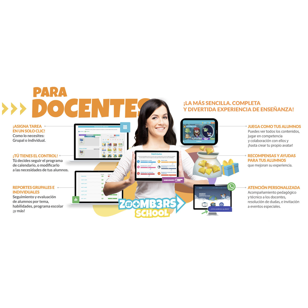 Infografía «Para docentes» de Zoombers School, en español, con una maestra, dispositivos y las funciones principales de la plataforma