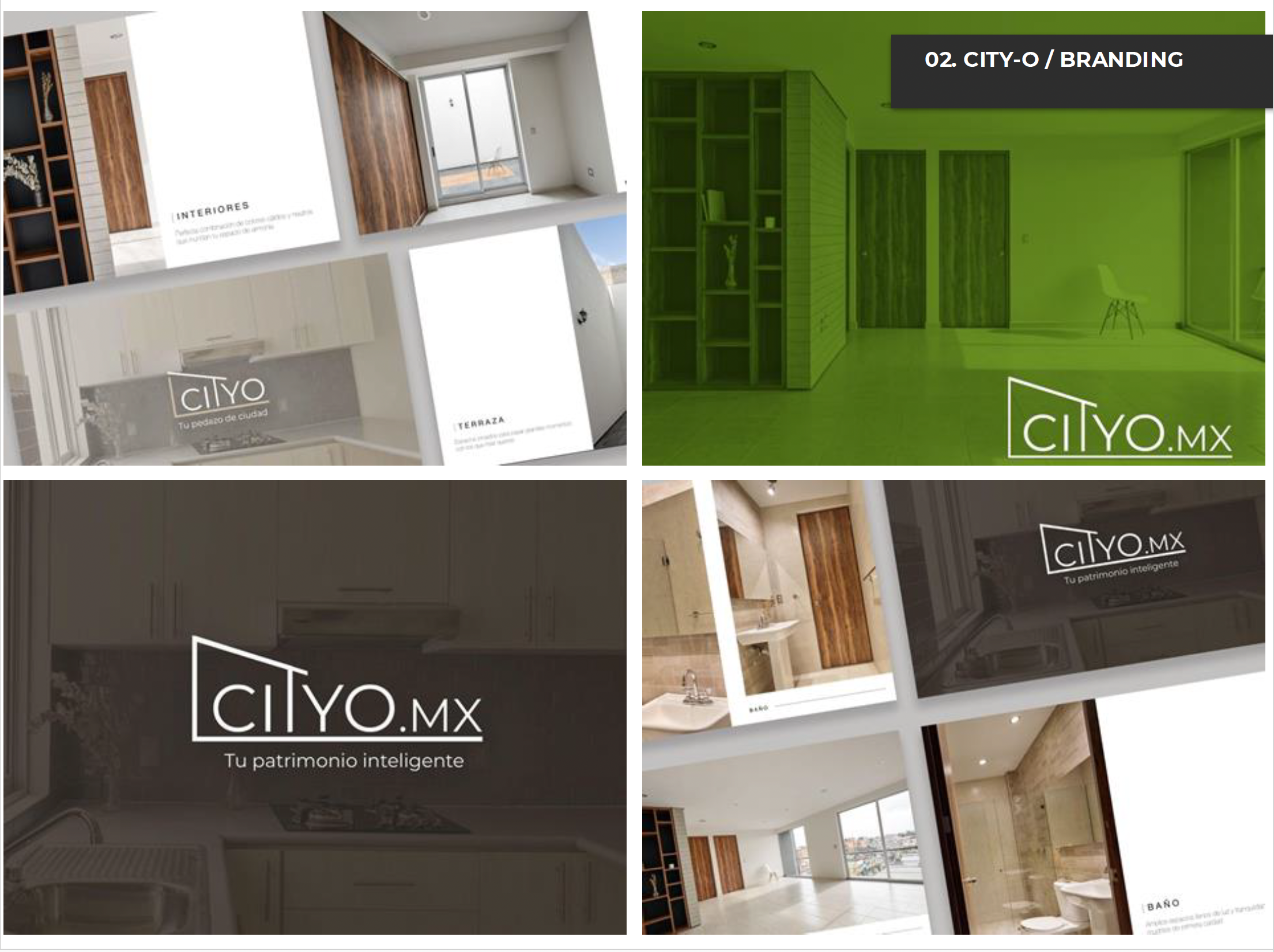 Páginas de la presentación de marca de City-O con interiores de departamentos y un panel verde
