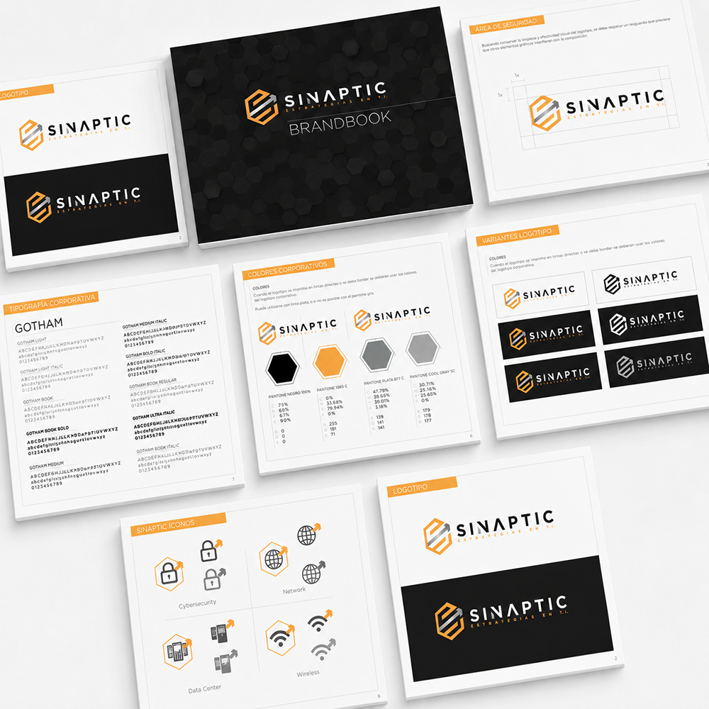 Páginas del brand book de SINAPTIC dispuestas en conjunto: uso del logotipo, tipografía Gotham, colores corporativos, variantes del logotipo y un set de iconos
