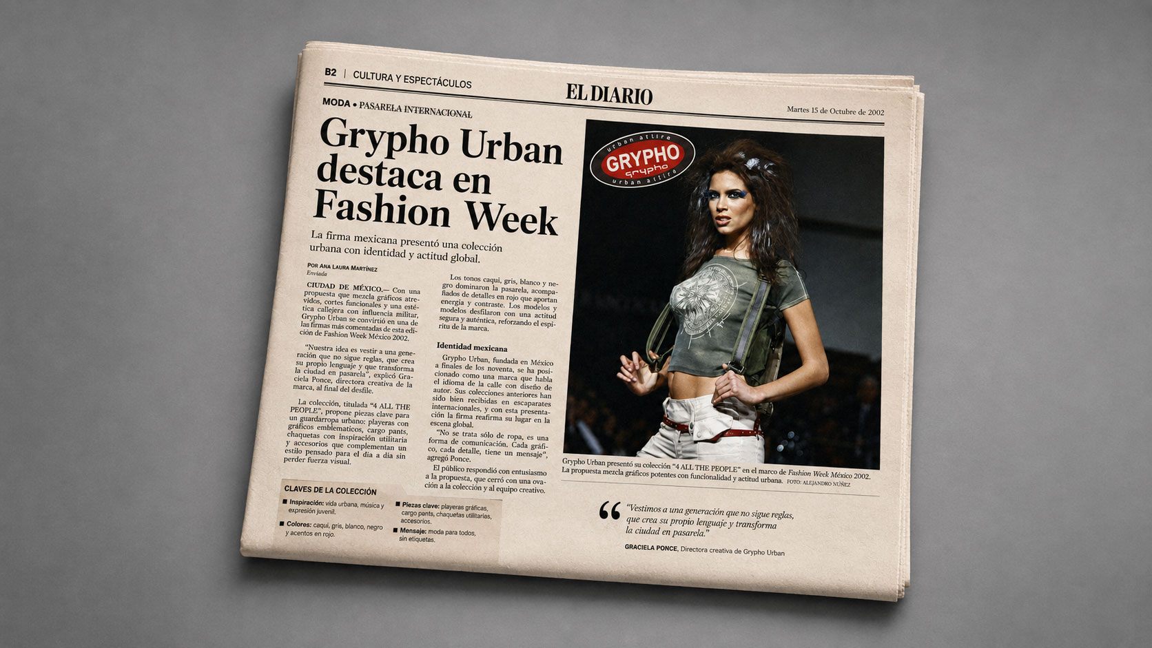 Maqueta de periódico con el titular «Grypho Urban destaca en Fashion Week» y una foto de una modelo en pasarela