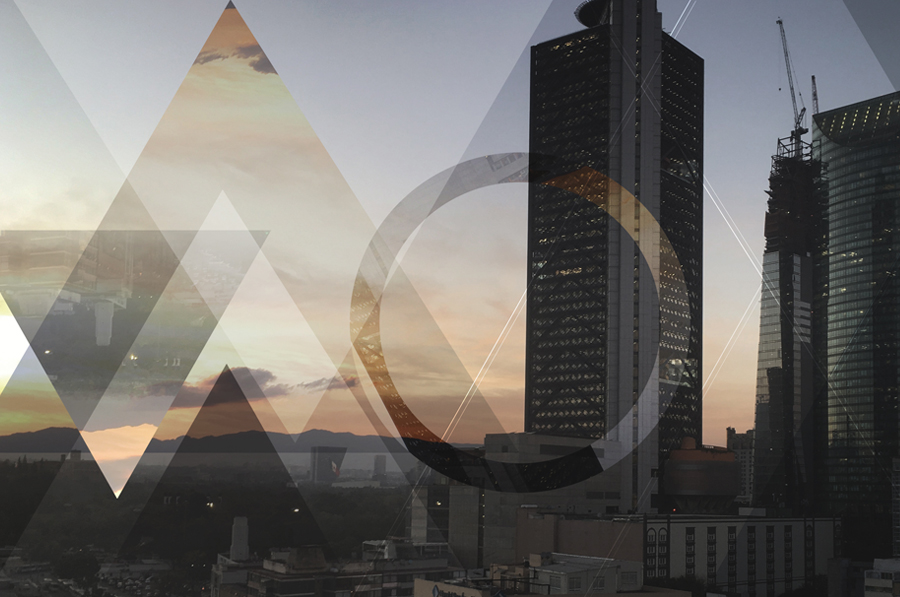 Obra digital de torres de una ciudad al anochecer con triángulos translúcidos y un círculo