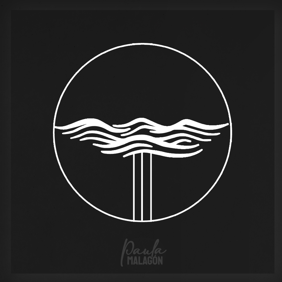 Icono lineal blanco de olas sobre fondo negro, dentro de un círculo, de la identidad de Paula Malagón