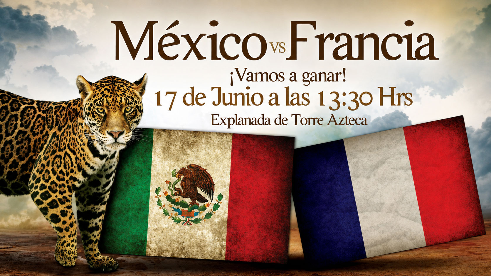 Gráfico de invitación al partido México vs Francia, con un jaguar y las banderas de México y Francia