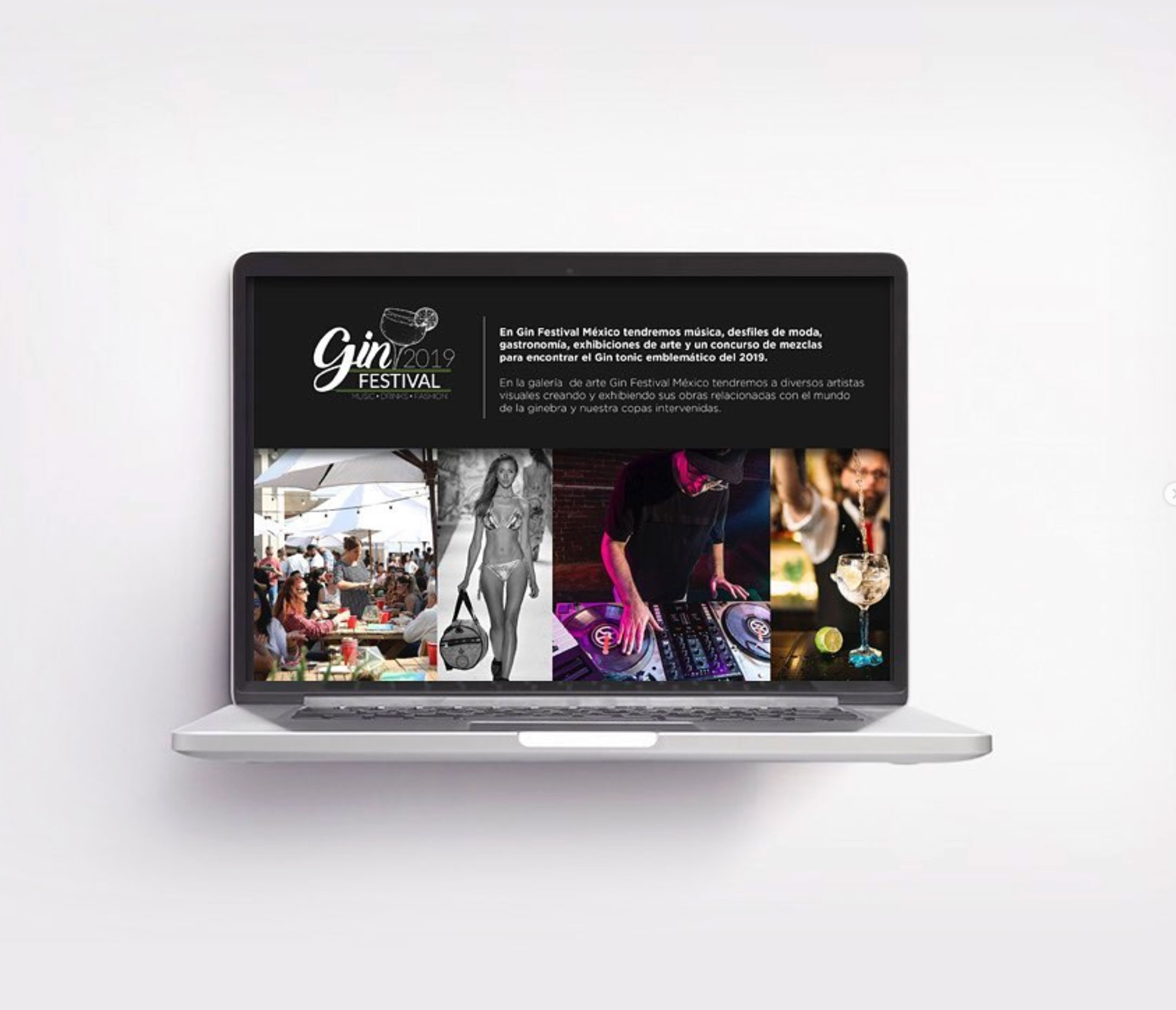 Pantalla de laptop con la presentación de Gin Festival y fotos del evento