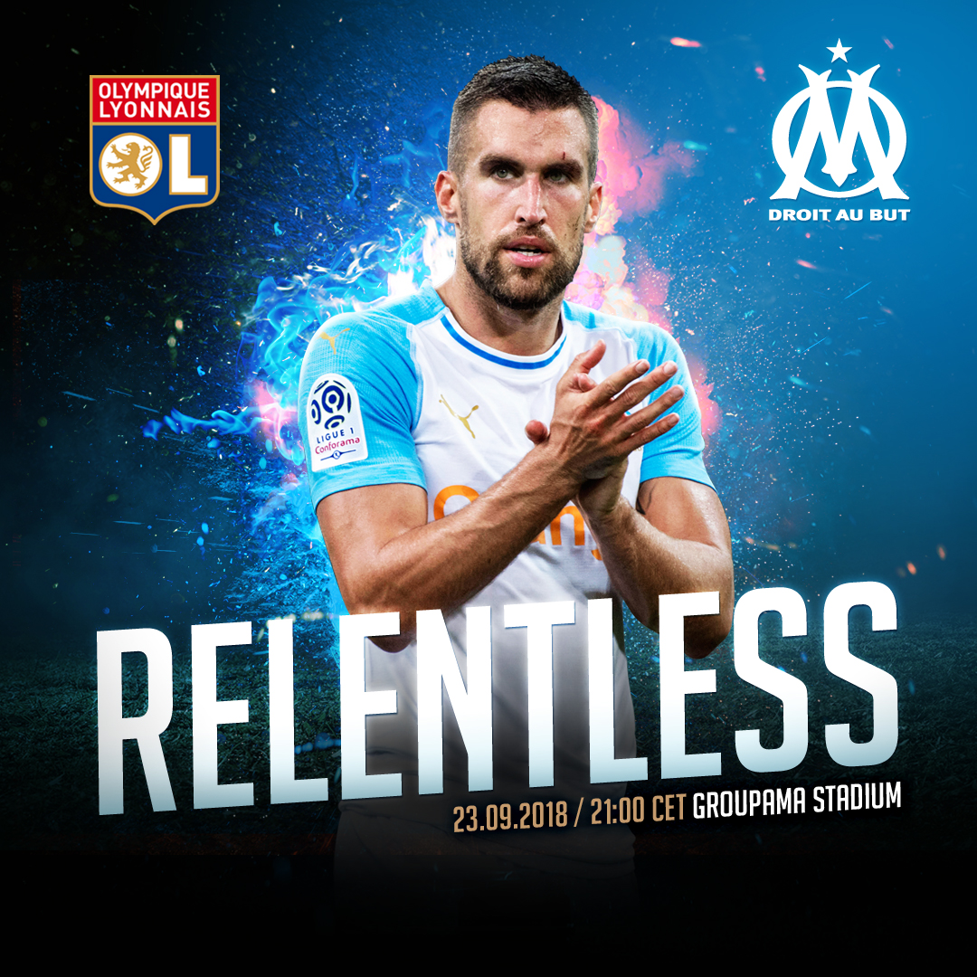 Arte de día de partido del Olympique de Marseille contra el Olympique Lyonnais, con un jugador aplaudiendo y la palabra "Relentless"