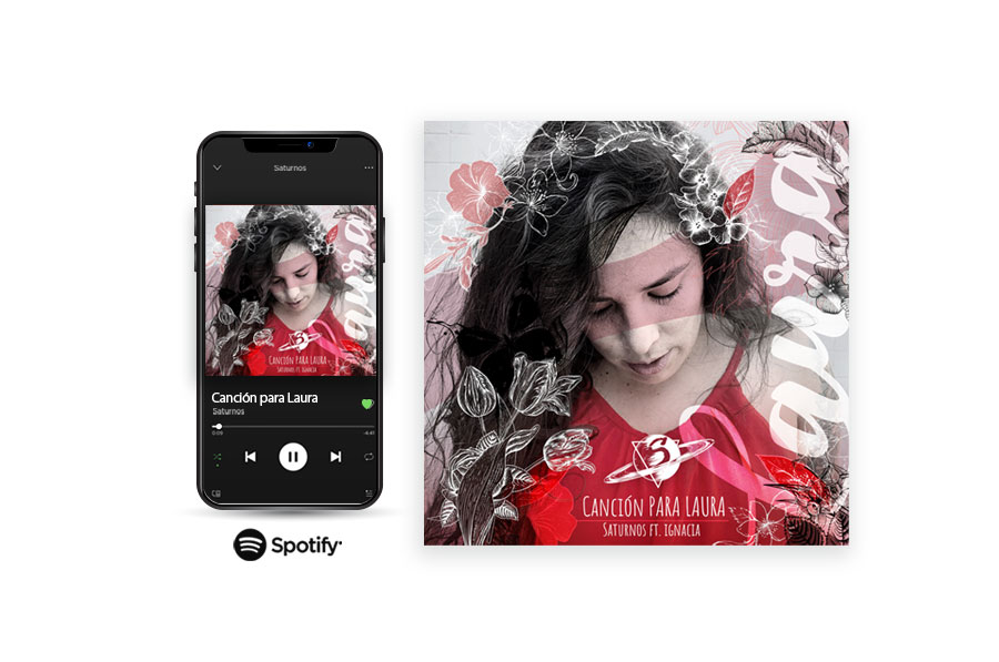 Teléfono móvil con el reproductor de Spotify y el arte del sencillo "Canción para Laura" con una niña y flores dibujadas en línea