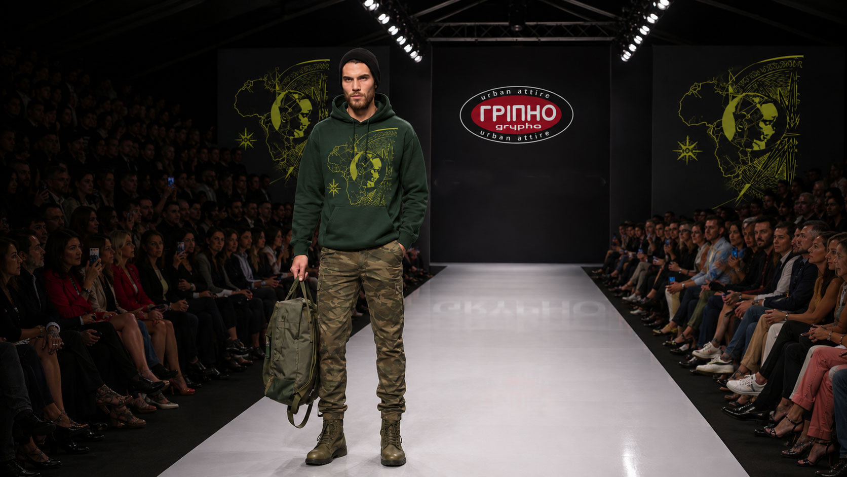 Modelo masculino en una pasarela de Grypho con una sudadera verde con capucha y un gráfico dorado, y pantalón cargo